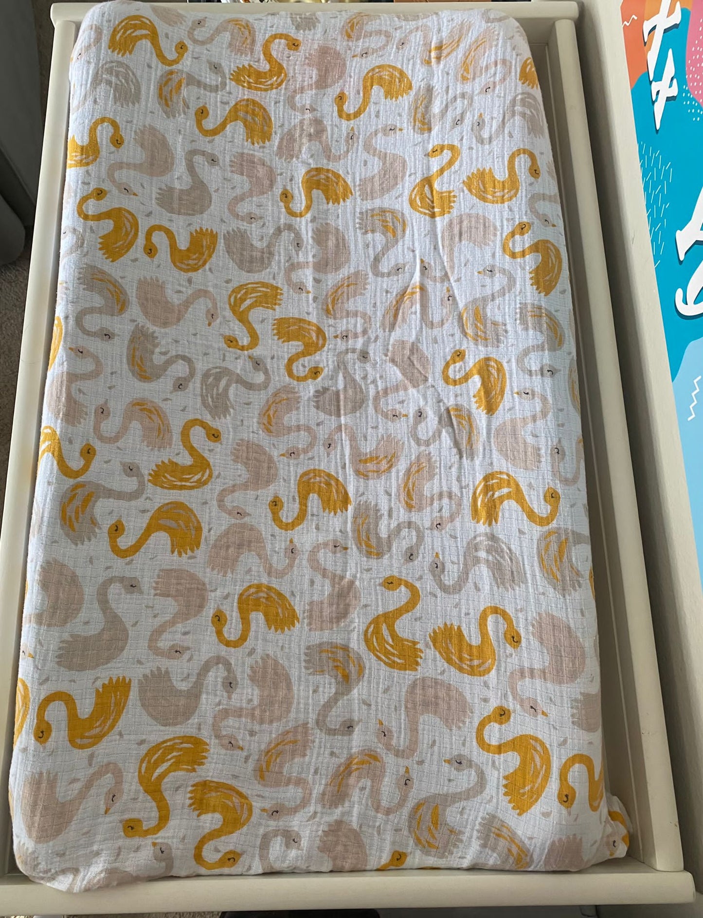 Adam Stork® Muslin Changing Table Cover For Baby Girls Boys Yellow Swan